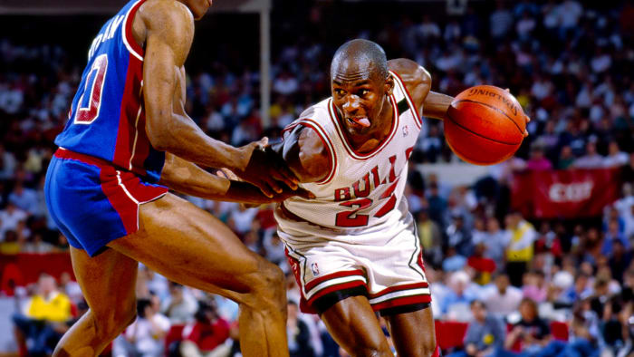 Michael Jordan guarded by Dennis Rodman of the Detroit Pistons