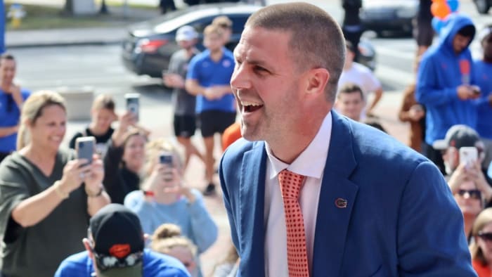 Napier smiles as Gator fans greet him outside Ben Hill Griffin Stadium. Photo: Billy Napier; Photo credit: Zach Goodall