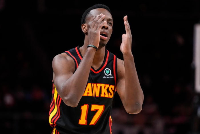 Atlanta Hawks forward Onyeka Okongwu pleads with a referee.