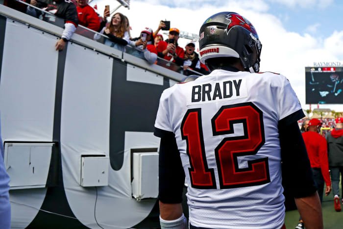 Jan 23, 2022; Tampa, Florida, USA; Tampa Bay Buccaneers quarterback Tom Brady (12) waits in the tunnel before playing the Los Angeles Rams during a NFC Divisional playoff football game at Raymond James Stadium. Mandatory Credit: Kim Klement-USA TODAY Sports