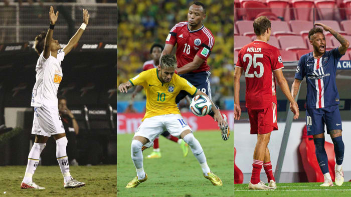 Neymar at three stages of his career: Santos, the Brazil national team and PSG