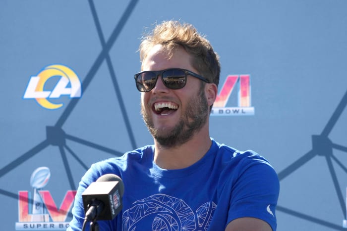 Feb 11, 2022; Thousand Oaks, CA, USA; Los Angeles Rams quarterback Matthew Stafford during press conference at Cal Lutheran University. Mandatory Credit: Kirby Lee-USA TODAY Sports