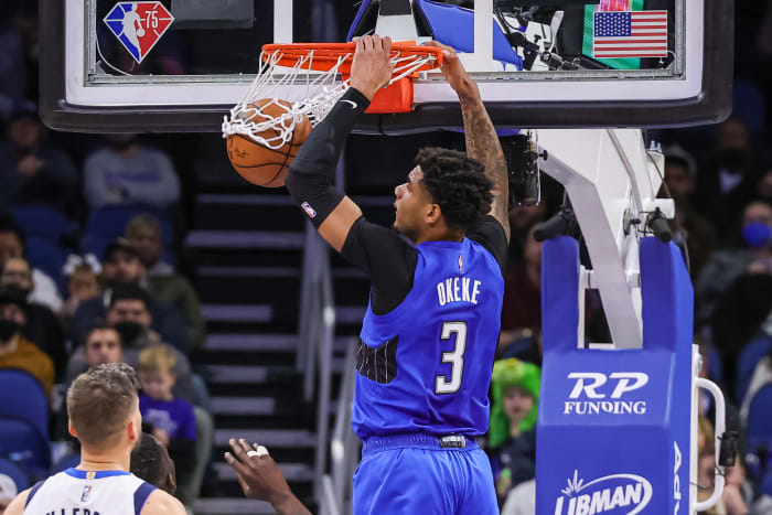 Jan 30, 2022;  Orlando, Florida, USA;  Orlando Magic forward Chuma Okeke (3) dunks the ball against the Dallas Mavericks during the second quarter at Amway Center.  Mandatory Credit: Mike Watters-USA TODAY Sports