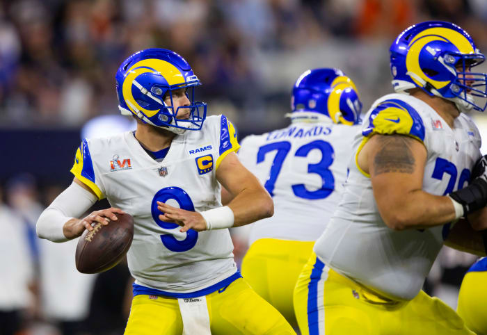 Feb 13, 2022; Inglewood, CA, USA; Los Angeles Rams quarterback Matthew Stafford (9) against the Cincinnati Bengals in Super Bowl LVI at SoFi Stadium. Mandatory Credit: Mark J. Rebilas-USA TODAY Sports