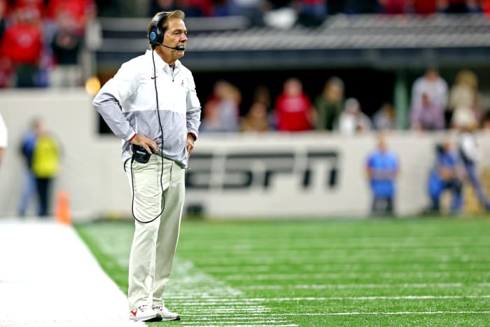 Jan 10, 2022; Indianapolis, IN, USA; Alabama Crimson Tide head coach Nick Saban reacts during the third quarter after the game in the 2022 CFP college football national championship game at Lucas Oil Stadium. Mandatory Credit: Mark J. Rebilas-USA TODAY Sports