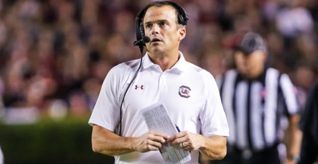 South Carolina Gamecocks head coach Shane Beamer stands on the sideline during a college football game in the SEC.