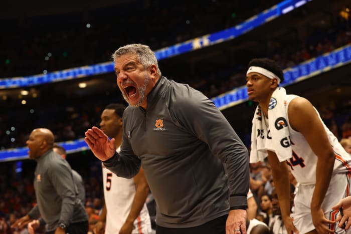 Mar 11, 2022; Tampa, FL, USA; Auburn Tigers head coach Bruce Pearl reacts against the Texas A&M Aggies during the second half at Amalie Arena. Mandatory Credit: Kim Klement-USA TODAY Sports