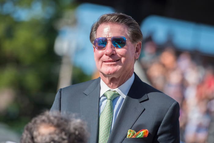 Steve Garvey is recognized by Claire Smith during her acceptance speech after receiving the BBWAA Career Excellence Award at Doubleday Field on July 29, 2017.