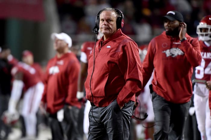 Arkansas coach Sam Pittman stands on the sideline during the second half of an NCAA college football game against Missouri, Friday, Nov. 26, 2021, in Fayetteville, Ark. (AP Photo/Michael Woods)