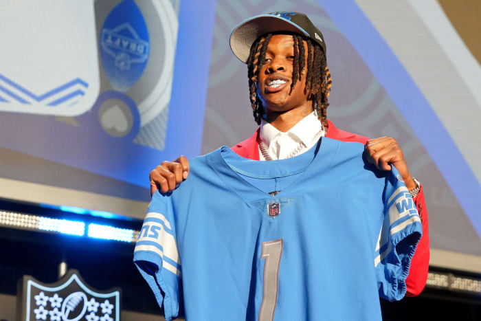 Alabama wide receiver Jameson Williams after being selected as the twelfth overall pick to the Detroit Lions during the first round of the 2022 NFL Draft at the NFL Draft Theater.