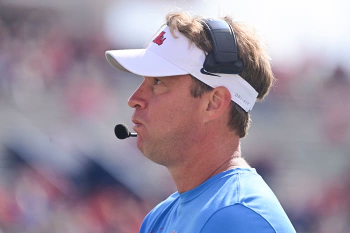 Nov 6, 2021; Oxford, Mississippi, USA; Mississippi Rebels head coach Lane Kiffin looks onto the field during the second half of the game against the Liberty Flames at Vaught-Hemingway Stadium. Mandatory Credit: Matt Bush-USA TODAY Sports