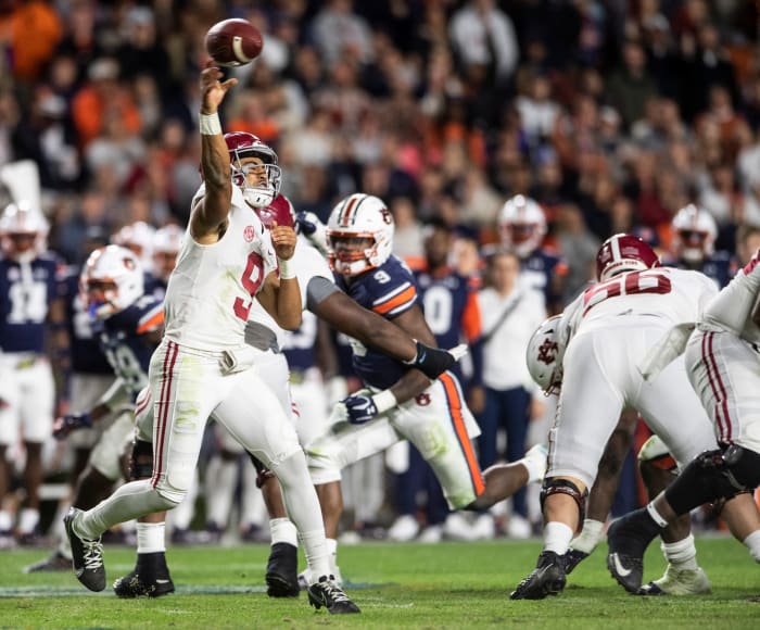 Alabama Crimson Tide quarterback Bryce Young (9) throws the ball during the Iron Bowl at Jordan-Hare Stadium in Auburn, Ala., on Saturday, Nov. 27, 2021. Alabama Crimson Tide defeated Auburn Tigers