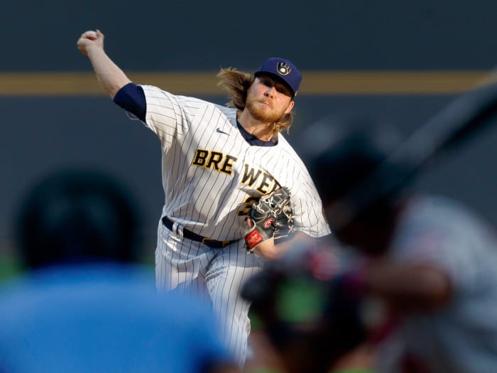 Apr 3, 2021; Milwaukee, Wisconsin, USA;  Milwaukee Brewers pitcher Corbin Burnes (39) throws a pitch against the Minnesota Twins during the first inning at American Family Field.