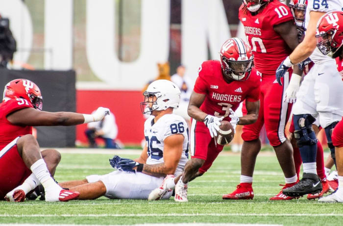 Indiana's Tiawan Mullen (3) makes the interception during the first half of the Indiana versus Penn State football game at Memorial Stadium on Saturday, Nov.  5, 2022.