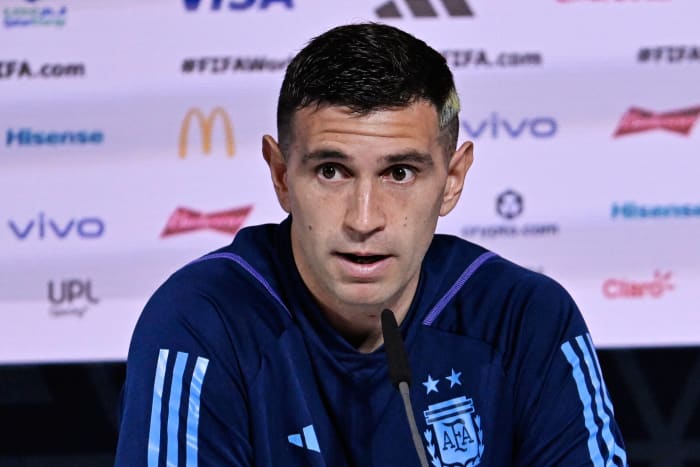 Argentina goalkeeper Emiliano Martinez pictured during a press conference a day before the 2022 World Cup final in Qatar