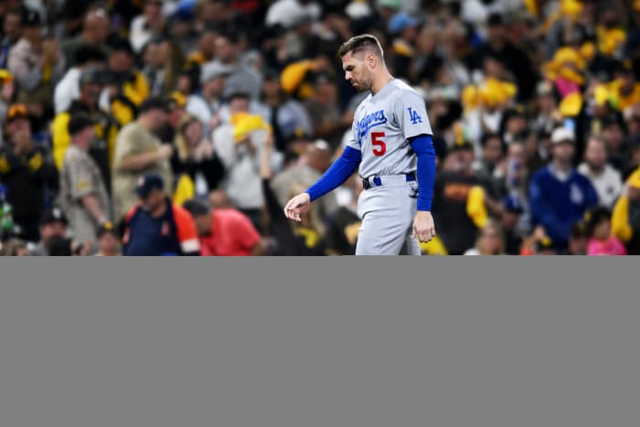 Dodgers first baseman Freddie Freeman walks to the dugout at the end of the third inning during Game 3 of the 2022 NLDS against the Padres at Petco Park.