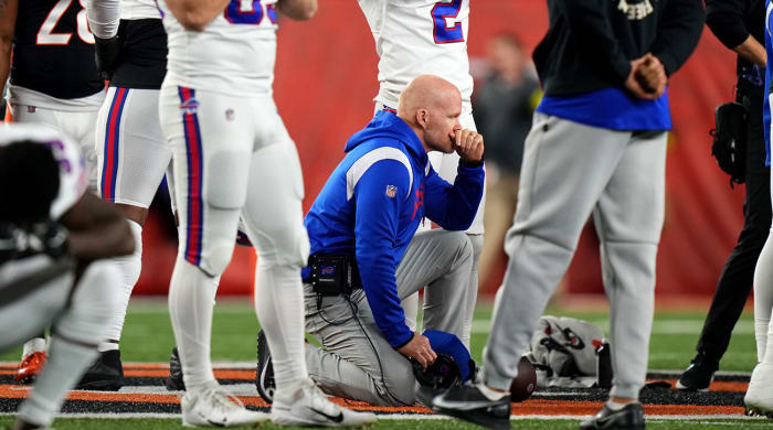 Bills coach Sean McDermott in the aftermath of Damar Hamlin's collapse against the Bengals in Week 17.