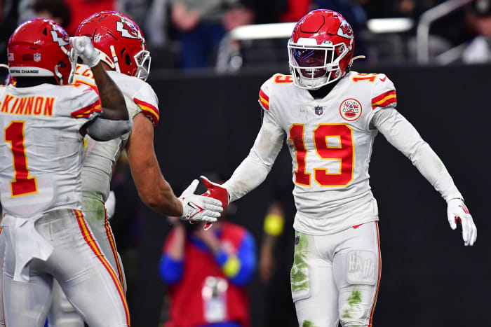 Jan 7, 2023; Paradise, Nevada, USA; Kansas City Chiefs wide receiver Kadarius Toney (19) celebrates his touchdown scored against the Las Vegas Raiders with tight end Travis Kelce (87) during the first half at Allegiant Stadium. Mandatory Credit: Gary A. Vasquez-USA TODAY Sports