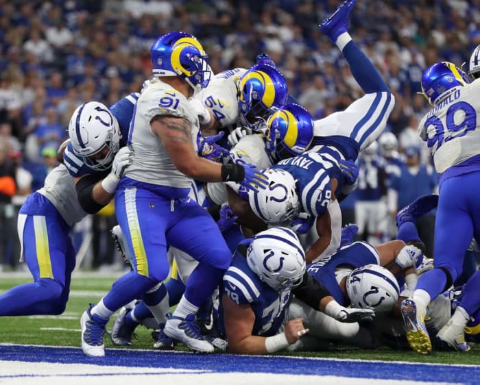 Indianapolis Colts running back Jonathan Taylor (28) attempts to dive into the end zone Sunday, Sept. 19, 2021, during a game against the Los Angeles Rams at Lucas Oil Stadium in Indianapolis.