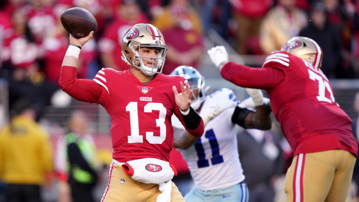 January 22, 2023; Santa Clara, California, USA. San Francisco 49ers quarterback Brock Purdy, 13, throws during the first quarter of the NFC Division Round game against the Dallas Cowboys at Levi's Stadium.