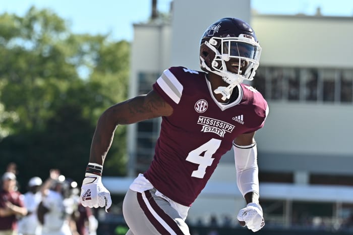 Oct 1, 2022; Starkville, Mississippi, USA; Mississippi State Bulldogs wide receiver Caleb Ducking (4) reacts after a touchdown against the Texas A&M Aggies during the second quarter at Davis Wade Stadium at Scott Field. Mandatory Credit: Matt Bush-USA TODAY Sports