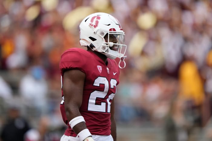 Stanford, California, USA;  Stanford Cardinal running back EJ Smith (22) during the first quarter against the USC Trojans at Stanford Stadium.