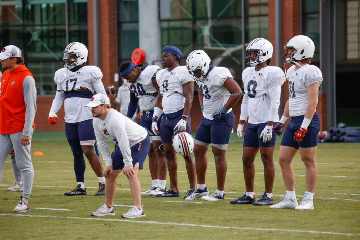 Auburn linebackers Robert Woodyard, Desmond Tisdol, Eugene Asante, Kam Brown, DeMario Tolan, and Powell Gordon.