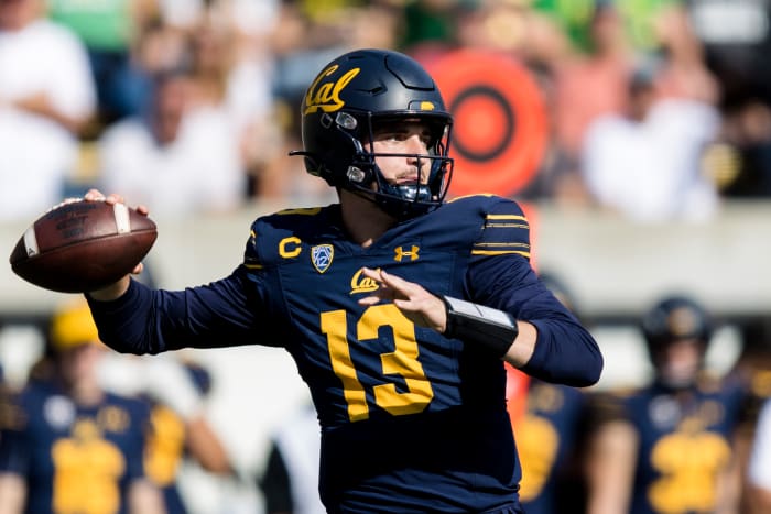 Oct 29, 2022; Berkeley, California, USA; California Golden Bears quarterback Jack Plummer (13) passes against the Oregon Ducks during the second quarter at FTX Field at California Memorial Stadium. Mandatory Credit: John Hefti-USA TODAY Sports