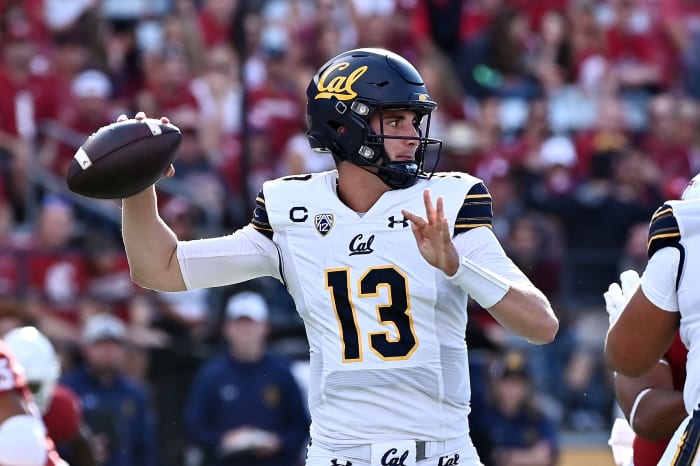 Oct 1, 2022; Pullman, Washington, USA; California Golden Bears quarterback Jack Plummer (13) throws a pass against the Washington State Cougars in the first half at Gesa Field at Martin Stadium. Mandatory Credit: James Snook-USA TODAY Sports