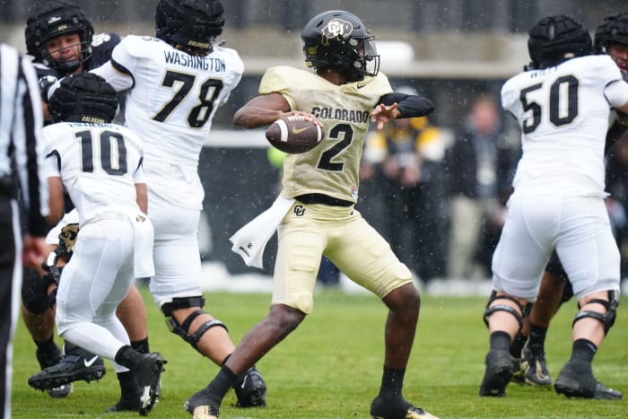 April 22, 2023;  Boulder, CO, USA;  Colorado Buffaloes linebacker Shedeur Sanders (12) prepares for a pass during the first half of a spring game at Folsom Filed.  Mandatory Credit: Ron Chenoy-USA TODAY Sports