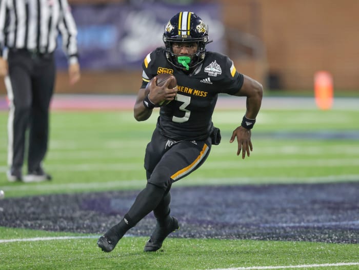 December 17, 2022;  Mobile, AL, USA;  Southern Miss Golden Eagles running back Frank Gore Jr.  (3) carries the ball during the Lending Tree Bowl at Hancock Whitney Stadium.  Mandatory Credit: Robert McDuffie-USA TODAY Sports