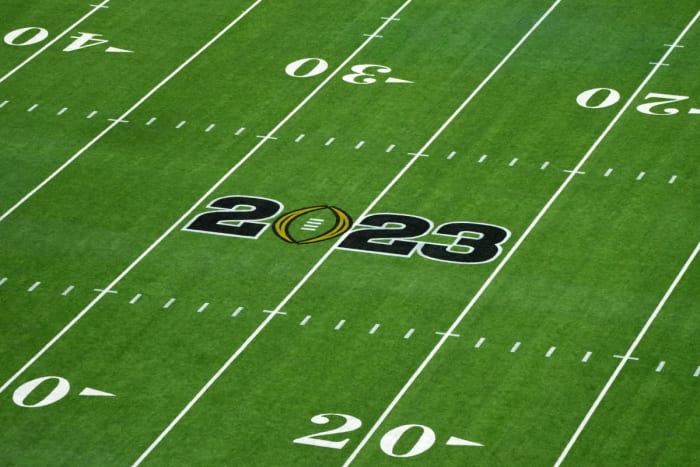 January 8, 2023;  Inglewood California, USA;  A general overall view of the 2023 College Football National Championship logo on the field at SoFi Stadium.  Mandatory credit: Kirby Lee-USA TODAY Sports