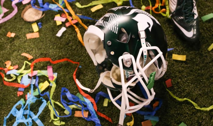 December 5, 2015;  Indianapolis, IN, USA;  A view of the Michigan State Spartans helmet with streamers and confetti after the Big Ten Conference football championship game against the Iowa Hawkeyes at Lucas Oil Stadium.  Michigan State won 16-13.  Mandatory Credit: Aaron Doster-USA TODAY Sports