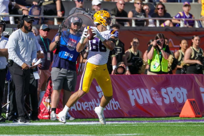 January 2, 2023;  Orlando, FL, USA;  Mason Taylor (86) intercepts a pass against the Purdue Boilermakers during the second quarter at Camping World Stadium.  Mandatory Credit: Mike Watters-USA TODAY Sports