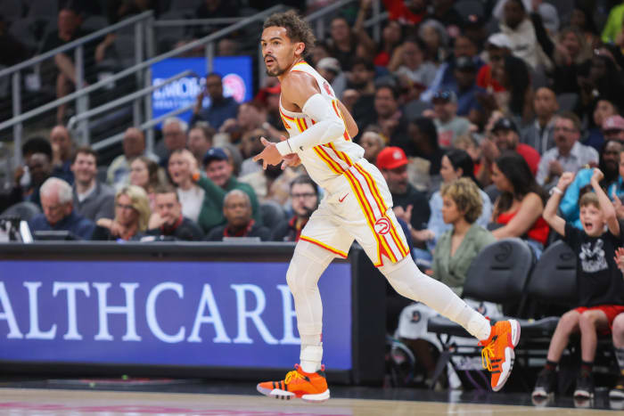Atlanta Hawks guard Trae Young reacts after a three-pointer.