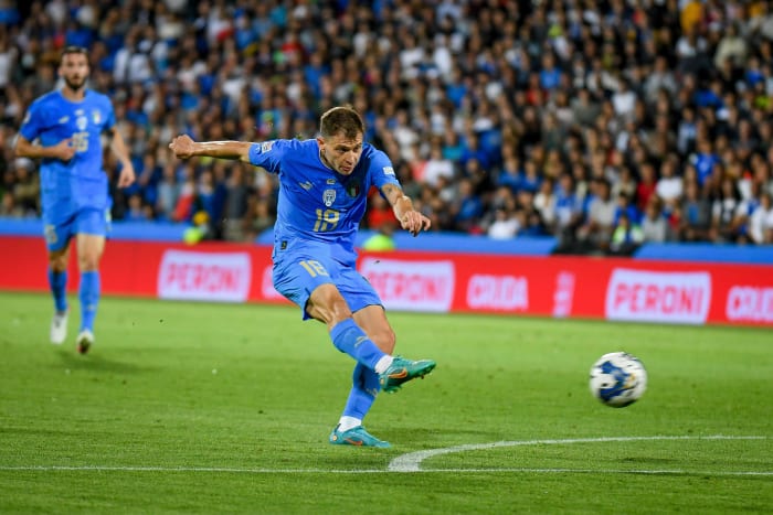 Italy midfielder Nicolo Barella pictured scoring in his side's 2-1 win over Hungary in June 2022