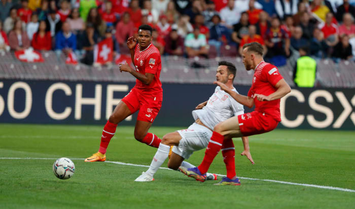 Pablo Sarabia pictured (center) scoring the winning goal for Spain in their 1-0 victory over Switzerland in June 2022