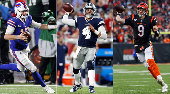 Separate photos of Josh Allen, Dak Prescott and Joe Burrow.