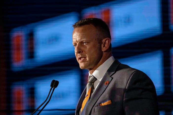 Jul 22, 2021; Hoover, Alabama, USA; Auburn Tigers head coach Bryan Harsin speaks to the media during SEC Media Days at Hyatt Regency Birmingham. Mandatory Credit: Vasha Hunt-USA TODAY Sports