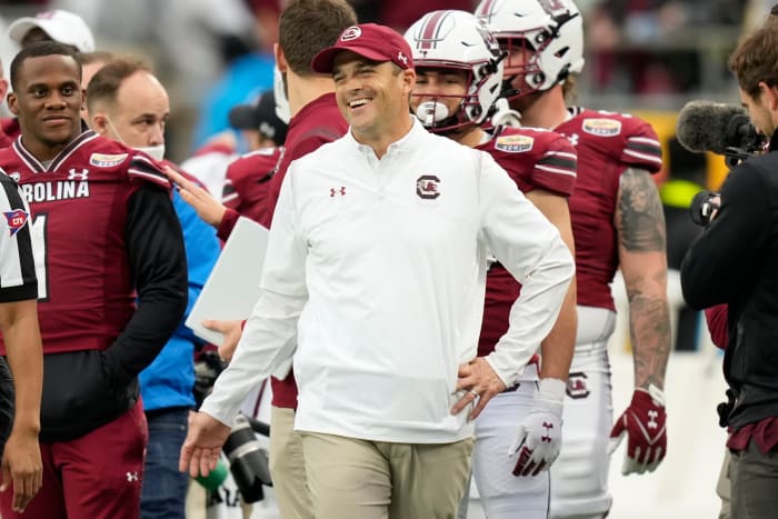 Dec 30, 2021; Charlotte, NC, USA; South Carolina Gamecocks head coach Shane Beamer late during the second half against the North Carolina Tar Heels at Bank of America Stadium. Mandatory Credit: Jim Dedmon-USA TODAY Sports