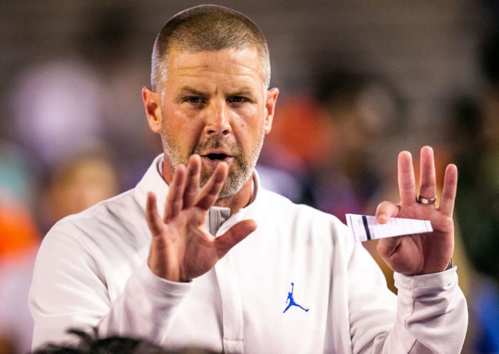 Florida Gators head coach Billy Napier thanks his team for a good scrimmage after Blue beat Orange 34-0 as the Florida Gators scrimmaged themselves during the annual Orange and Blue spring game at Ben Hill Griffin Stadium in Gainesville, FL, Thursday afternoon, April 14, 2022. [Doug Engle/Ocala Star Banner]2022 Oca Orangeandbluegame