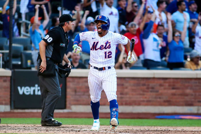 July 9, 2022;  New York City, New York, USA;  New York Mets shortstop Francisco Lindor (12) reacts after hitting a two run home run in the sixth inning against the Miami Marlins at Citi Field.