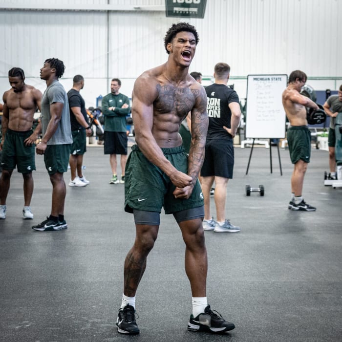 Michigan State football wide receiver Keon Coleman looks yoked