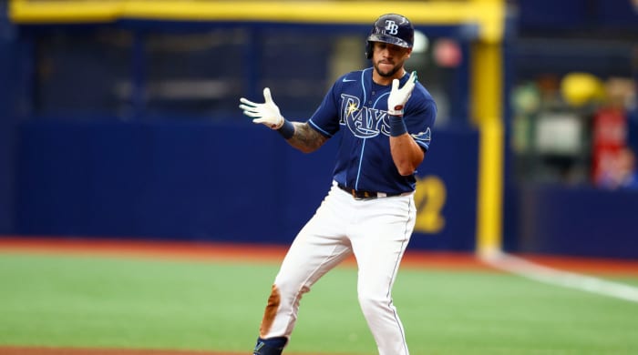 Rays outfielder David Peralta celebrates an RBI hit.