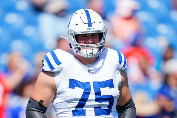 Aug 13, 2022; Orchard Park, New York, USA; Indianapolis Colts guard Will Fries (75) prior to the game against the Buffalo Bills at Highmark Stadium. Mandatory Credit: Gregory Fisher-USA TODAY Sports