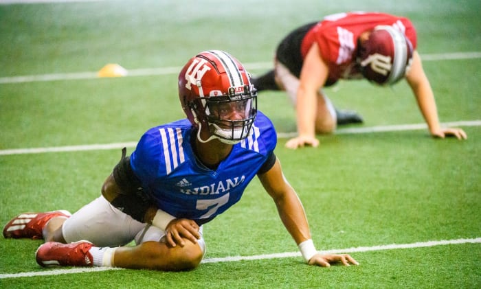 D.J. Matthews stretches during fall camp.