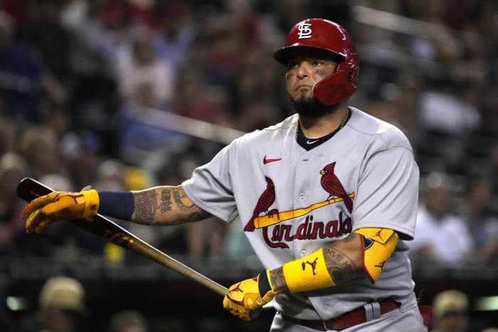 St. Louis Cardinals catcher Yadier Molina (4) reacts after losing the lead in the fifth inning against the Arizona Diamondbacks at Chase Field.  (Rick Scuteri-USA Today Sports)