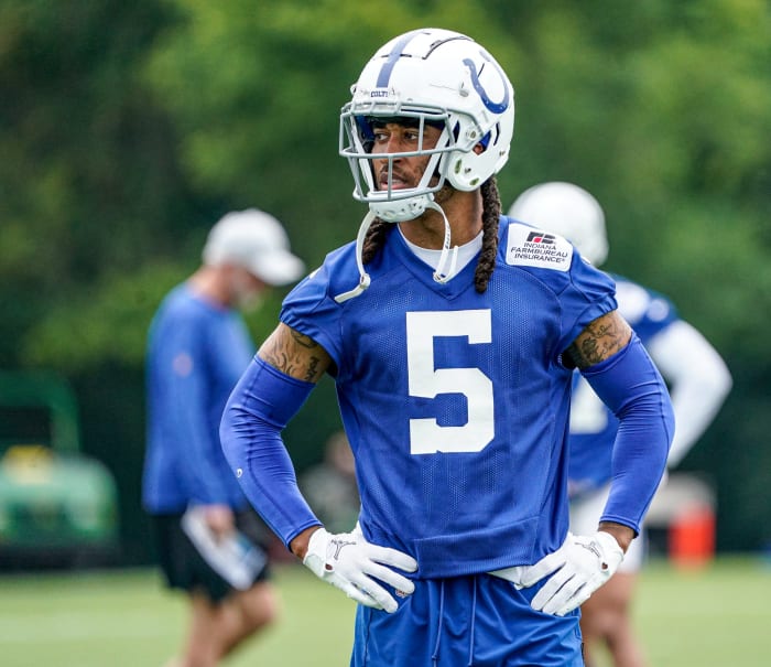 The Colts Stephon Gilmore (5) runs drills during the Colts mandatory mini training camp on Tuesday, May 7, 2022, at the Indiana Farm Bureau Football Center in Indianapolis. Finals 18