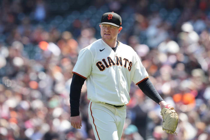 SF Giants starting pitcher Logan Webb walking off the mound on 4/30/2022.