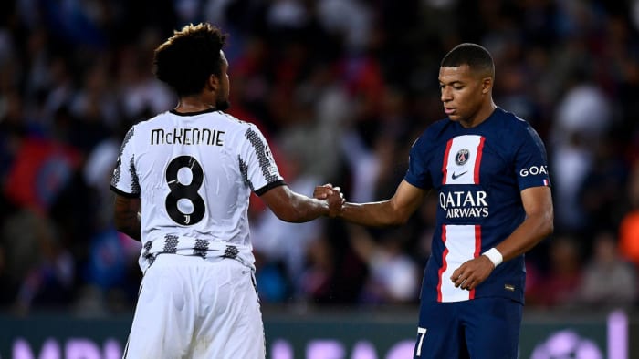 Weston McKennie and Kylian Mbappe after PSG vs. Juventus in the Champions League